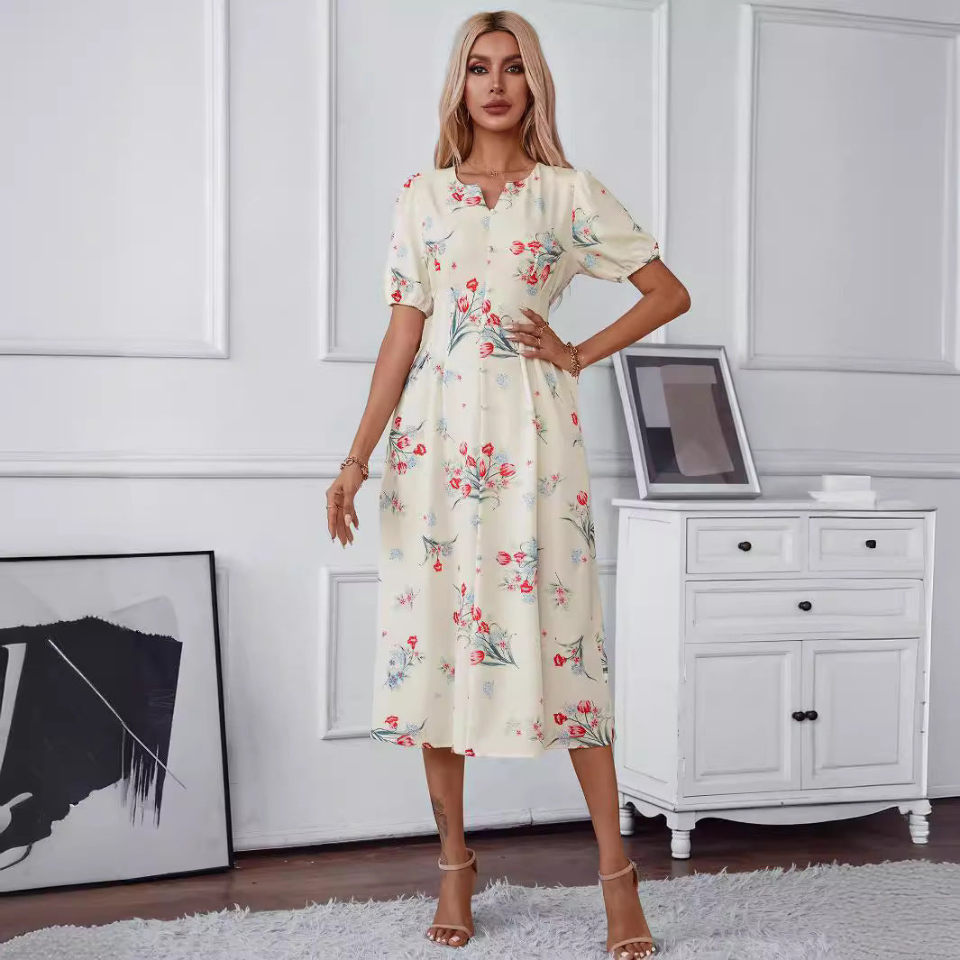 Damen Midikleid mit floralem Print, taillierter Silhouette und Puffärmeln Shop Nory