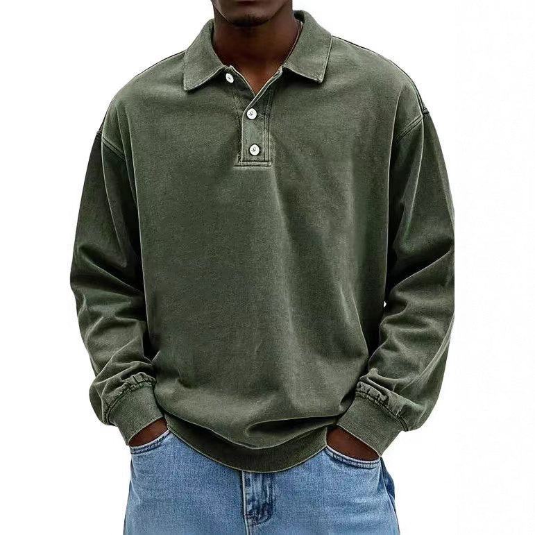 Herren nan lässiges Poloshirt-Sweatshirt mit Kragen, Vintage-Waschung und dreiteiliger Knopfleiste