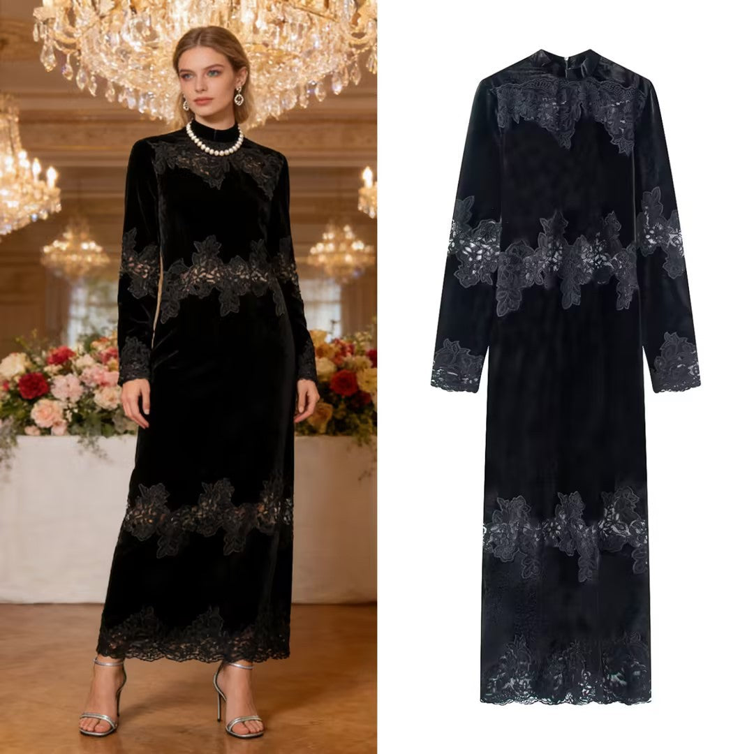 Damen Samt-Maxikleid mit Spitzenbesatz, Stehkragen und langen Ärmeln Shop Nory