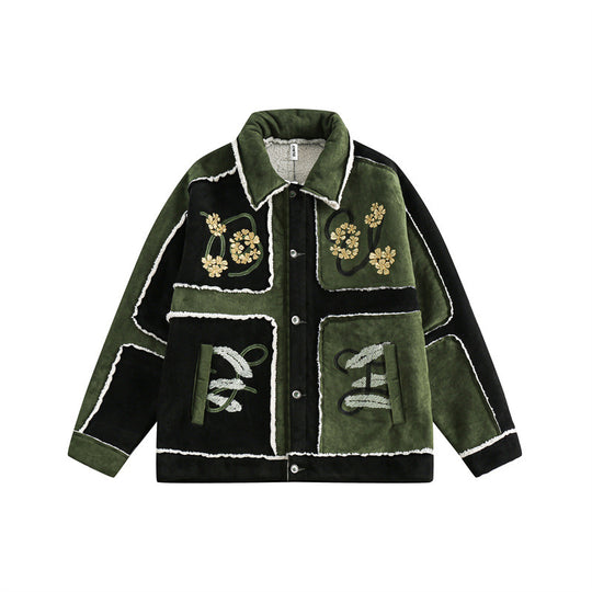 Unisex Patchwork-Lammfelloptik Jacke mit Blumenstickerei Shop Nory