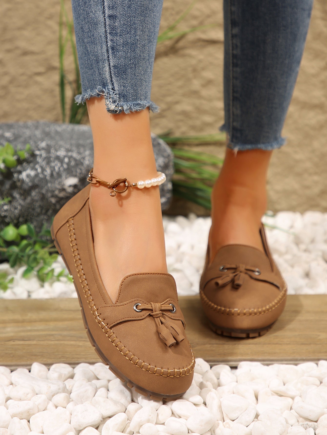 Damen bequeme Mokassins mit flexibler Sohle und eleganter Knoten-Applikation