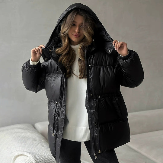 Damen gesteppte Steppjacke mit Taillenzug und Kapuze Shop Nory