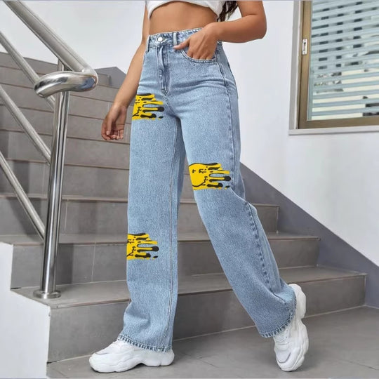 Damen hochtaillierte weite Denim-Jeans mit auffälligen Print‑Fleck‑Akzenten Shop Nory