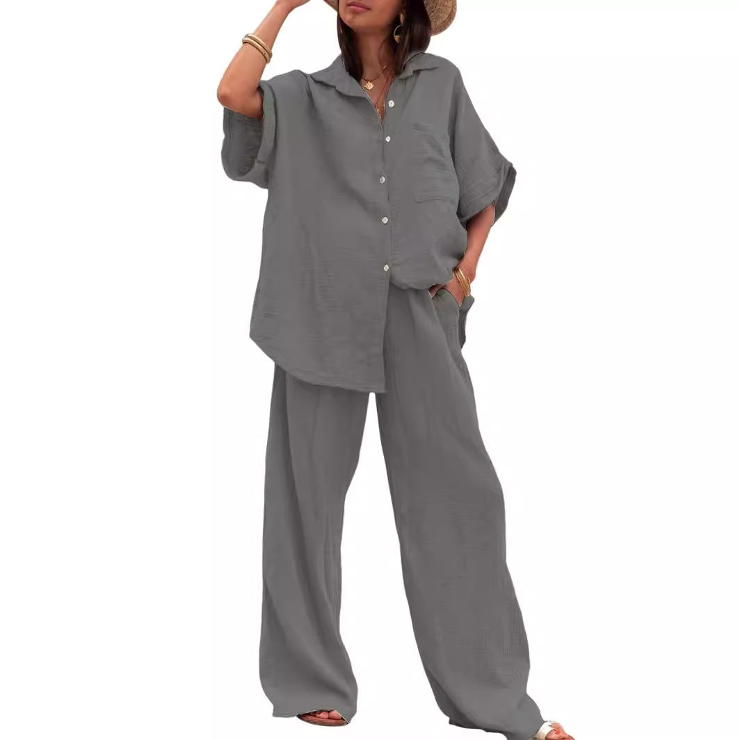 Damen Sommerliches Zweiteiler-Set mit übergroßem Hemd und weiter Hose