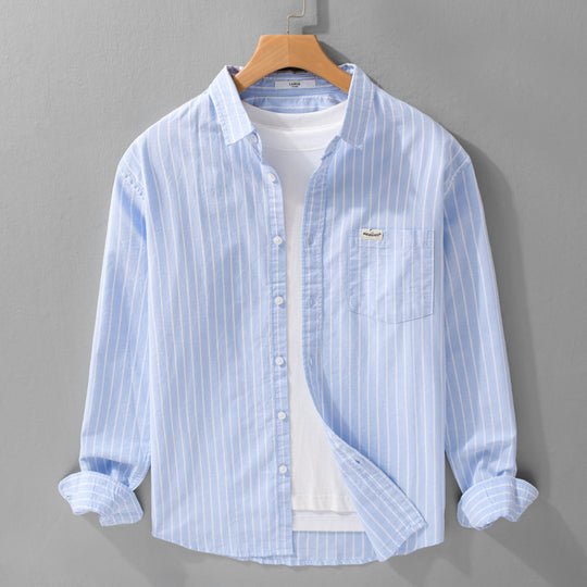 Herren Gestreiftes Layering-Overshirt aus softem Baumwollmix mit Kentkragen und aufgesetzter Brusttasche Shop Nory