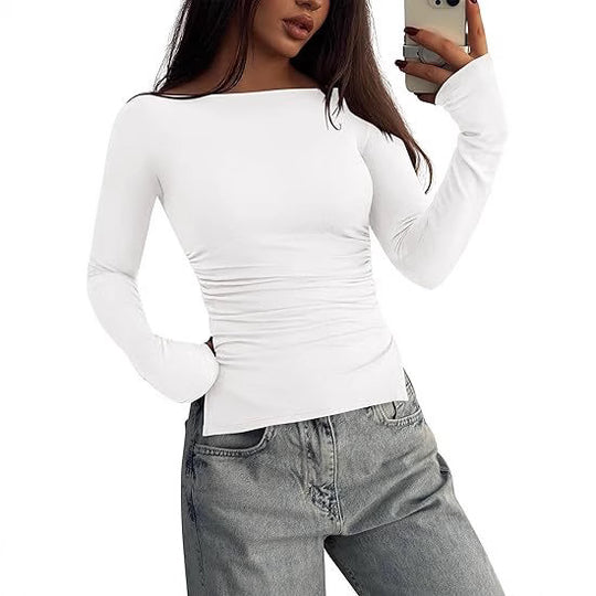 Damen Tailliertes Langarm-Top mit weitem U-Boot-Ausschnitt, Seitlicher Raffung und verlängerten Ärmelbündchen Shop Nory