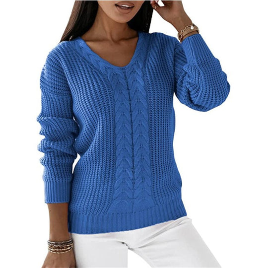 Damen nan grob gestrickter V-Ausschnitt Pullover mit Zopfmuster und lockerer Silhouette Shop Nory