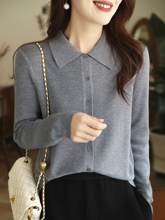 Damen Leichter Feinstrick-Cardigan mit Polokragen und durchgehender Knopfleiste Shop Nory