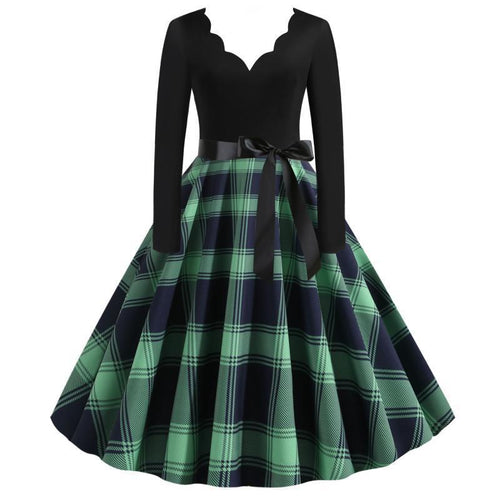 Damen Retro‑Swingkleid mit gezacktem Herzausschnitt, tailliertem Langarmoberteil und karierter Tellerrock Shop Nory