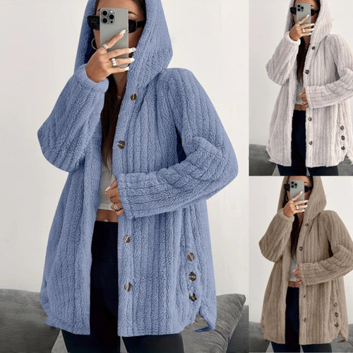 Damen Kapuzen-Teddy-Mantel mit Knopfleiste und Oversize-Schnitt Shop Nory