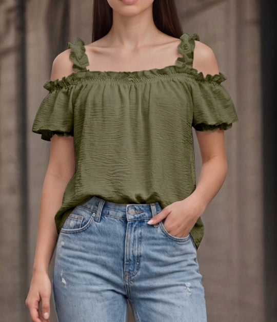 Damen Schulterfreies Crinkle-Top mit Smok-Bandeau, Rüschen‑Trägern und Flügelärmeln Shop Nory