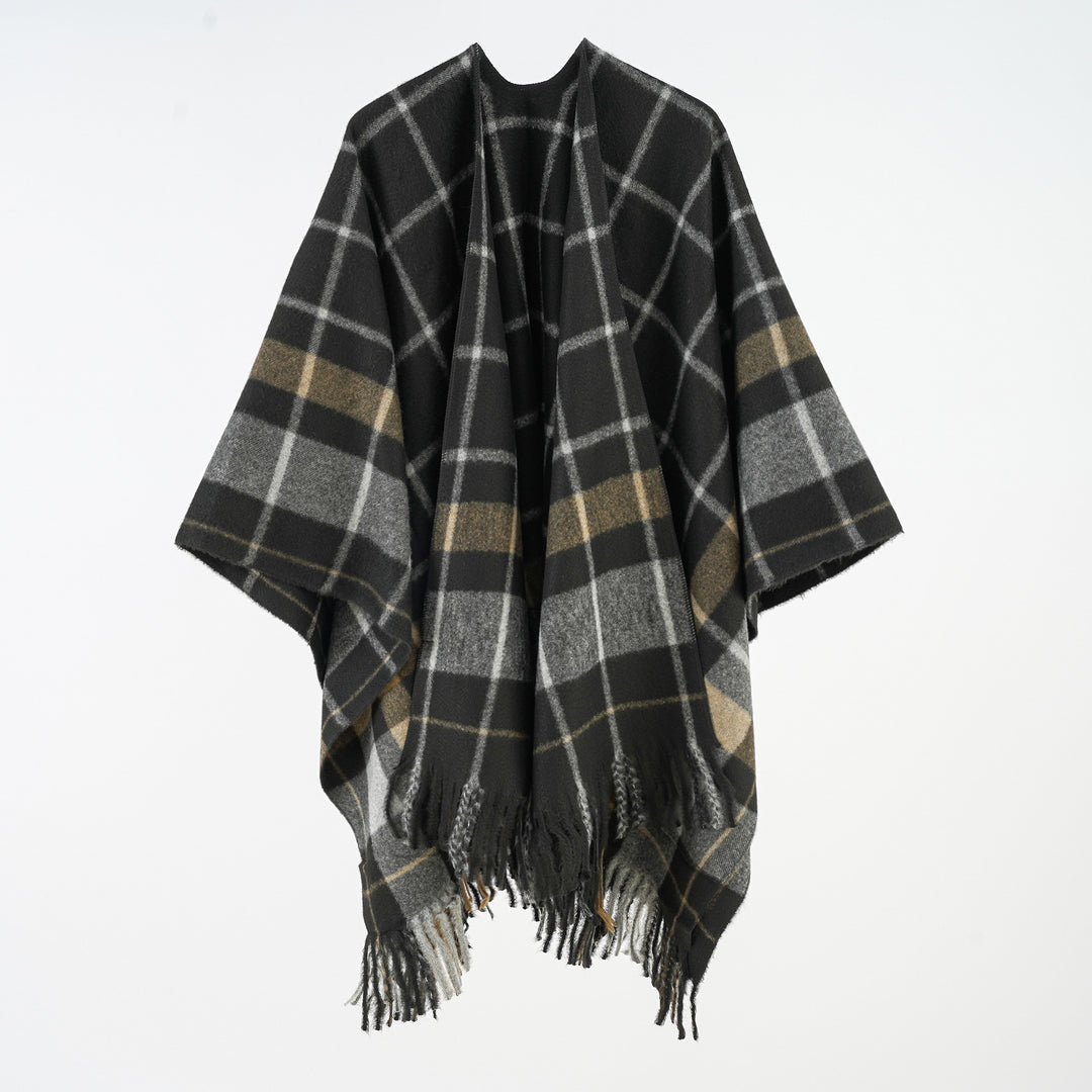 Damen Weicher Wollmix-Überwurfponcho im tartan-inspirierten Karo mit Fransen Shop Nory