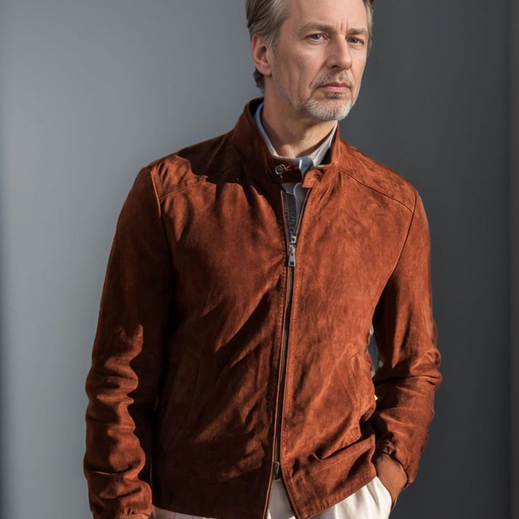 Herren lässige Wildlederjacke mit Stehkragen und seitlichen Reißverschlusstaschen