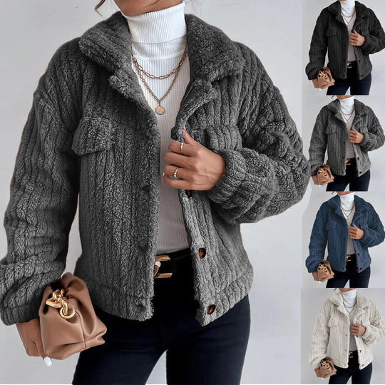 Damen nan kuschelige Teddyjacke mit Hemdkragen, Druckknopfverschluss und aufgesetzten Brusttaschen Shop Nory