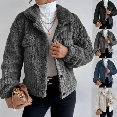 Damen nan kuschelige Teddyjacke mit Hemdkragen, Druckknopfverschluss und aufgesetzten Brusttaschen Shop Nory
