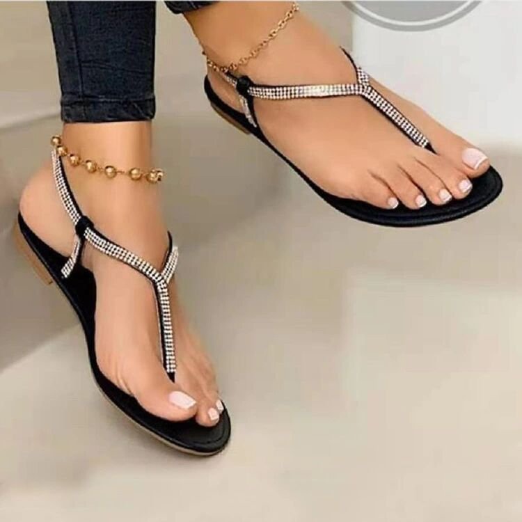 Damen Flache Zehentrenner‑Sandalen mit T‑Riemen und Strassbesatz Shop Nory