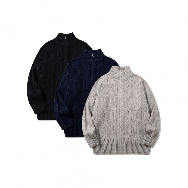 Unisex Grobgestrickter Reißverschluss-Cardigan mit Zopfmuster und hohem Rippkragen Shop Nory