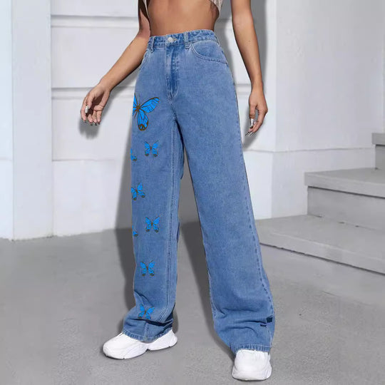 Damen Weite Jeanshose mit Schmetterlings-Print Shop Nory