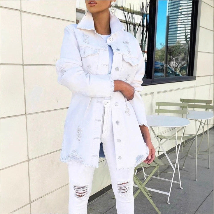 Damen Longline-Denimjacke mit Destroyed-Details und Fransenabschluss Shop Nory