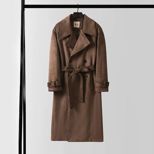 Herren Maxilanger Velours-Mantel im Trench-Look mit breitem Revers und Bindegürtel Shop Nory