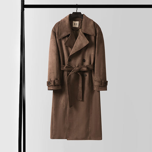 Herren Maxilanger Velours-Mantel im Trench-Look mit breitem Revers und Bindegürtel Shop Nory
