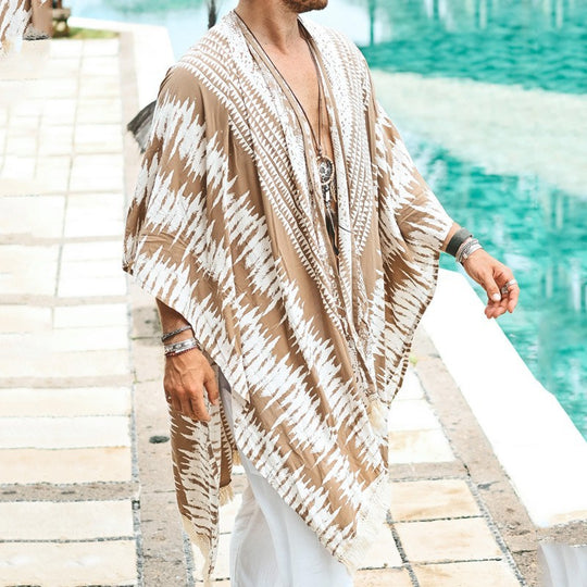 Herren Leichter Ethno-Strandkaftan mit V-Ausschnitt und Fransen Shop Nory
