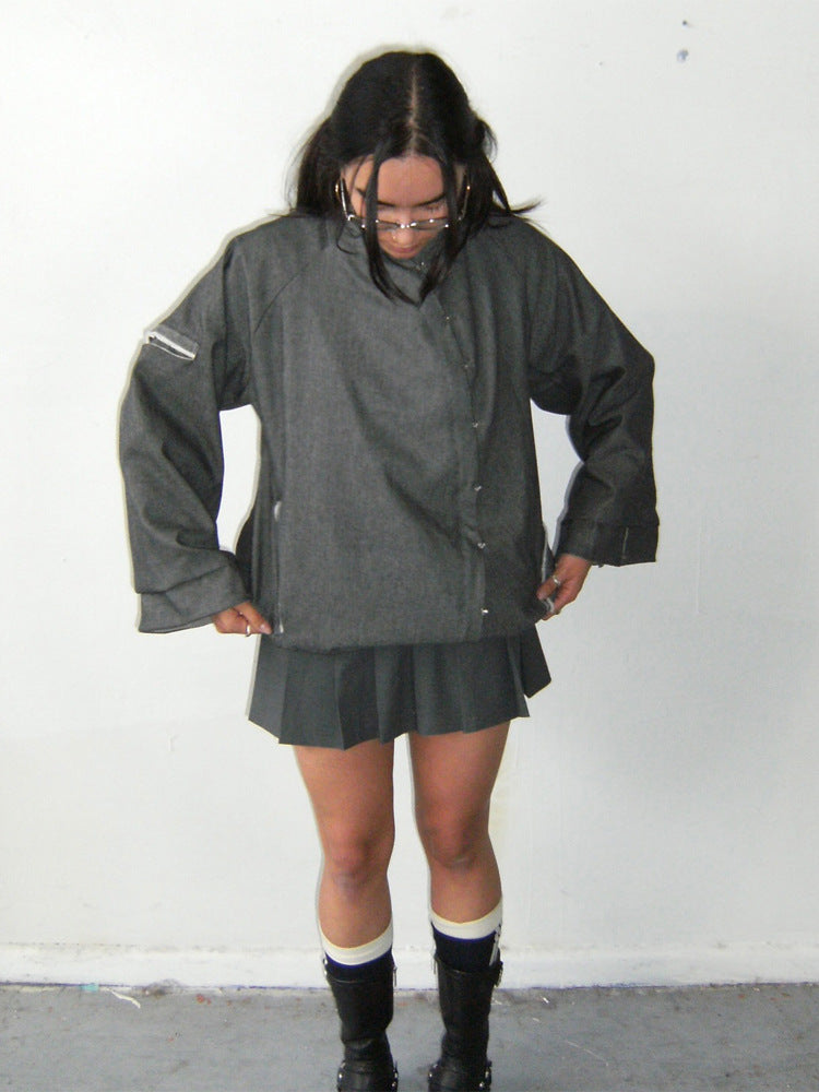 Damen Oversize-Boxy-Jacke mit asymmetrischem Druckknopfverschluss und Ärmeltasche Shop Nory