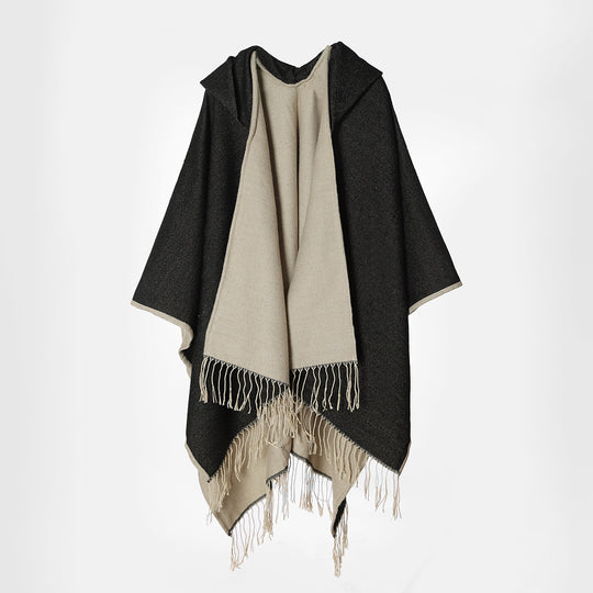 Damen Kapuzencape im Oversize-Überwurf aus Wollmix mit Wendefunktion und Fransensaum Shop Nory