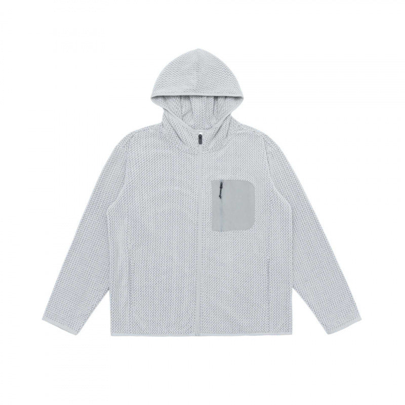 Unisex Kapuzen-Fleecejacke mit durchgehendem Reißverschluss, Strukturstrick und Brust-Reißverschlusstasche Shop Nory