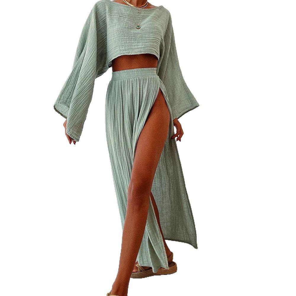 Damen luftiges Set aus cropped Oberteil und hoch geschnittenem Rock