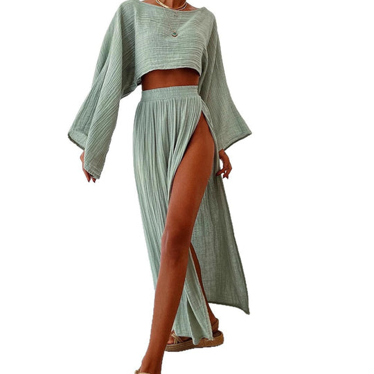 Damen luftiges Set aus cropped Oberteil und hoch geschnittenem Rock