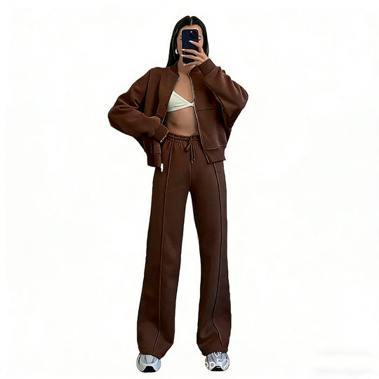 Damen nan kurz geschnittenes Blouson mit Reißverschluss und weiter High-Waist Jogginghose Set Shop Nory