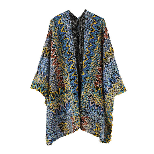 Damen Grobgestrickter Ethno-Ruana-Poncho mit Zickzack‑Jacquard und offenem Fall Shop Nory