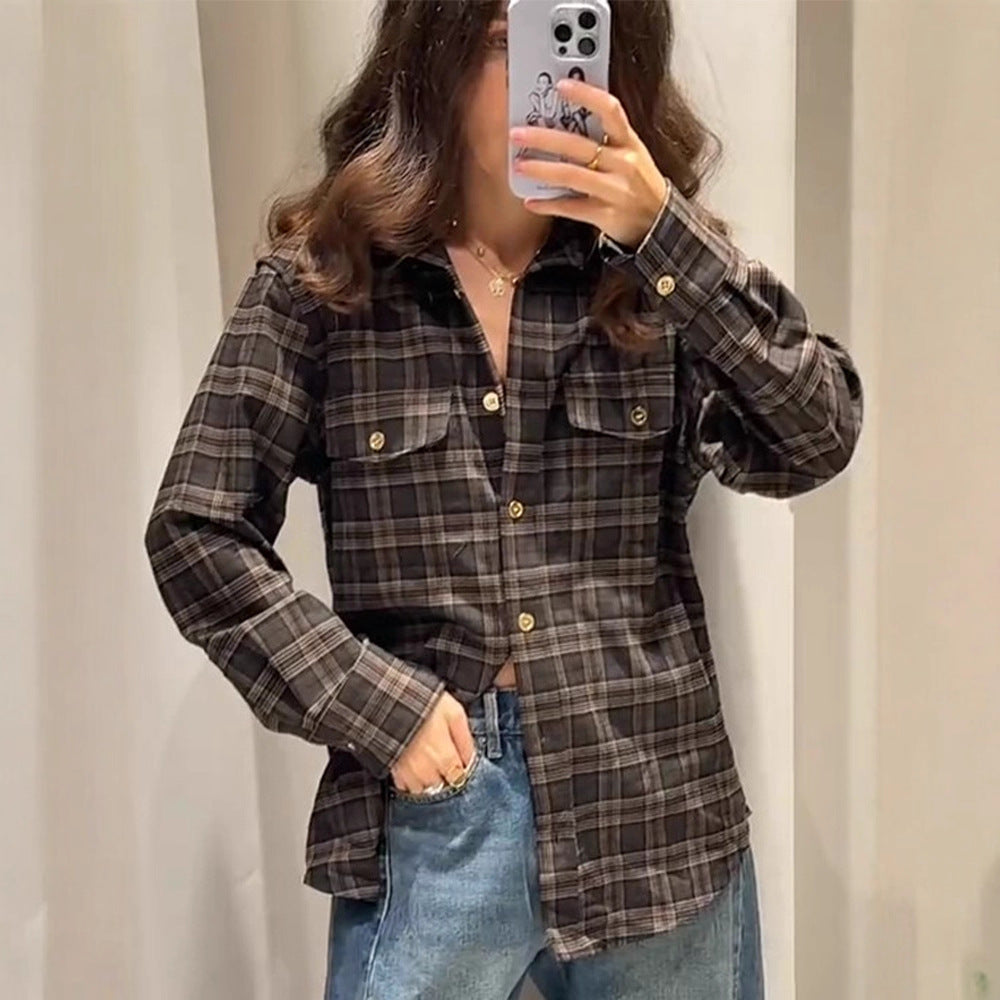 Damen Kariertes Overshirt mit Brusttaschen und goldenen Druckknöpfen Shop Nory