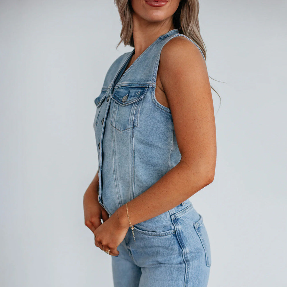 Damen Denim Weste mit Knopfleiste und modernen Schnittrahmen