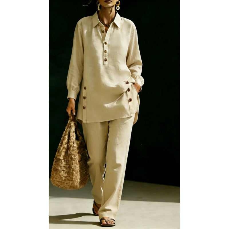 Damen Leichtes Oversize-Hemd-Tunika mit Zierknöpfen und Gerader Bundhose Shop Nory