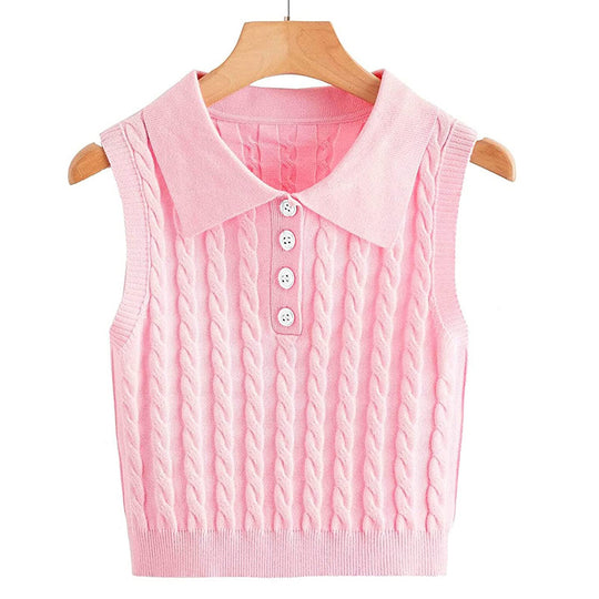Damen Feinstrick-Ärmellose Polo-Weste mit Zopfmuster und tailliertem Schnitt Shop Nory