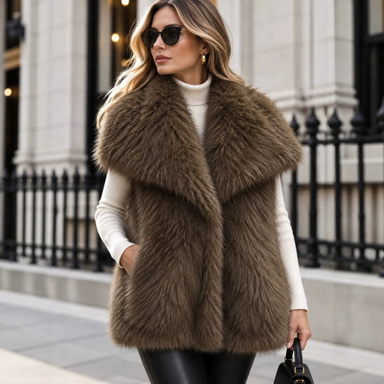 Damen Ärmellose Luxus‑Faux‑Fur‑Weste mit extraweichem Langflor und übergroßem Schalkragen Shop Nory