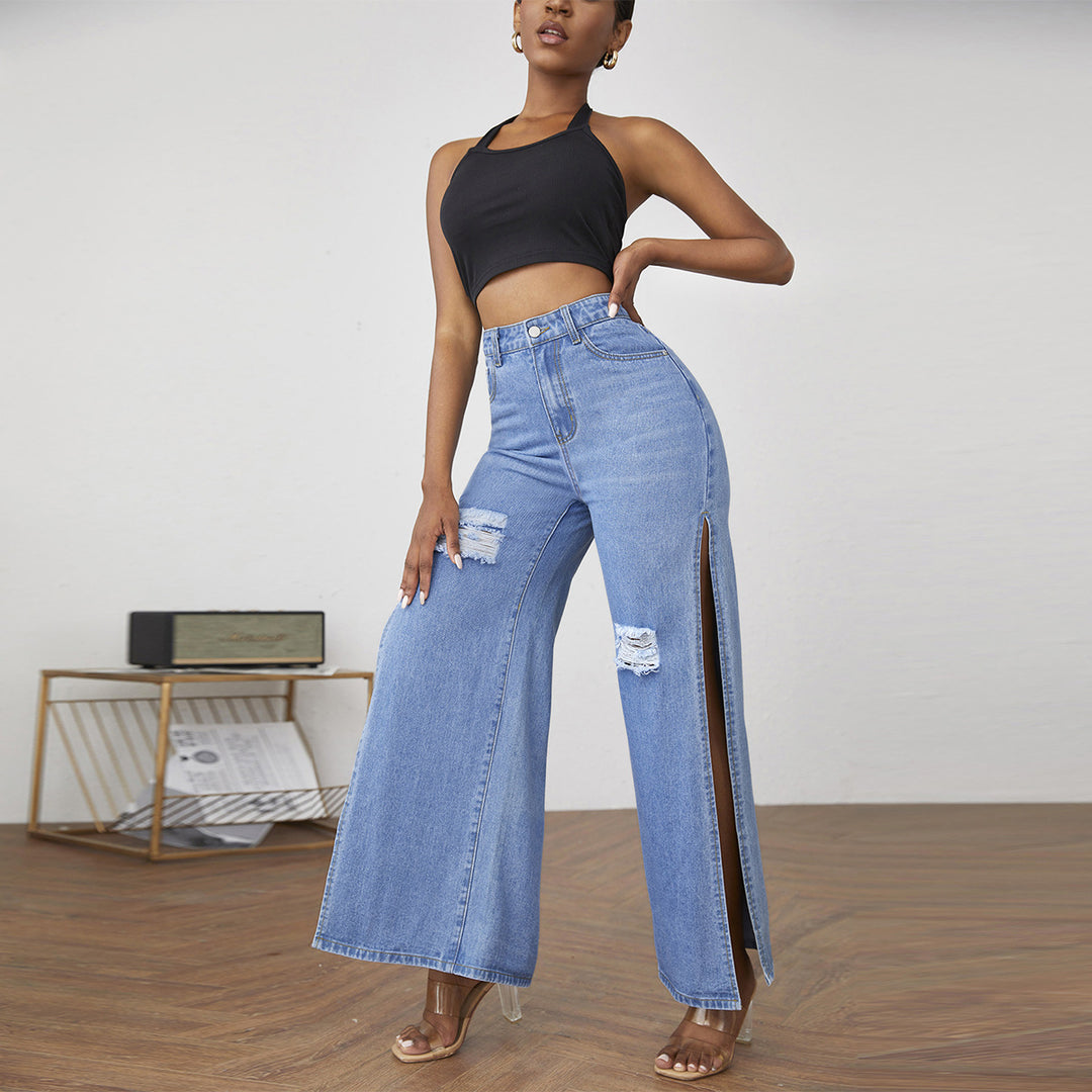 Damen weite High-Waist Denim-Jeanshose mit seitlichen Beinschlitzen und Destroyed-Kniepartien Shop Nory