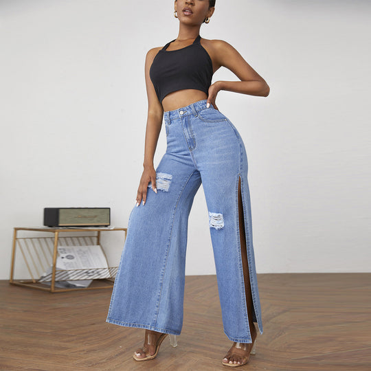 Damen weite High-Waist Denim-Jeanshose mit seitlichen Beinschlitzen und Destroyed-Kniepartien Shop Nory