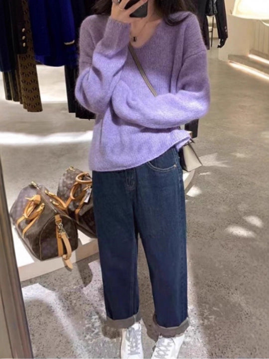 Damen Oversize V‑Ausschnitt Mohair‑Look Pullover mit Angora‑Optik und überschnittener Schulter Shop Nory