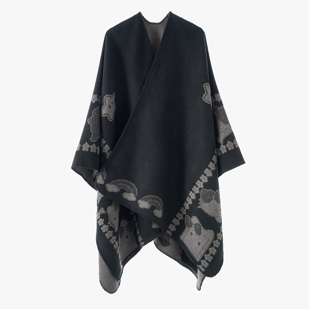 Damen Oversize-Poncho mit Jacquard‑Tiermotiv und asymmetrischem Zipfelsaum Shop Nory