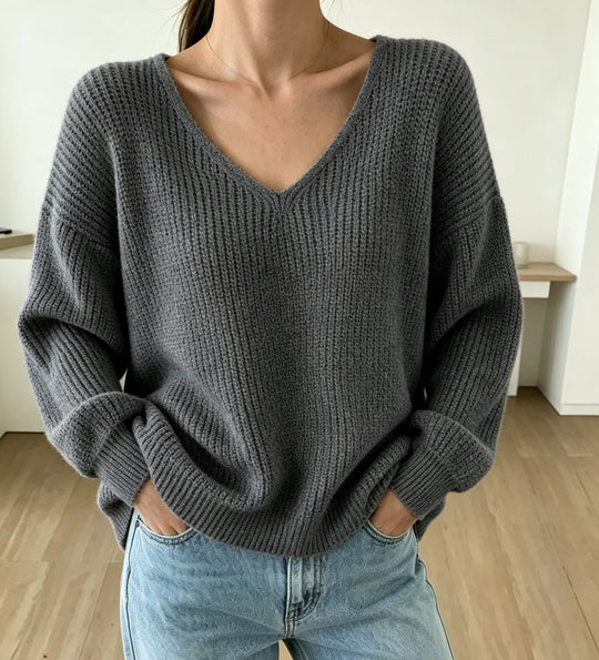 Damen Lässiger Boxy-Grobstrickpullover mit V-Ausschnitt und gerippten Bündchen Shop Nory