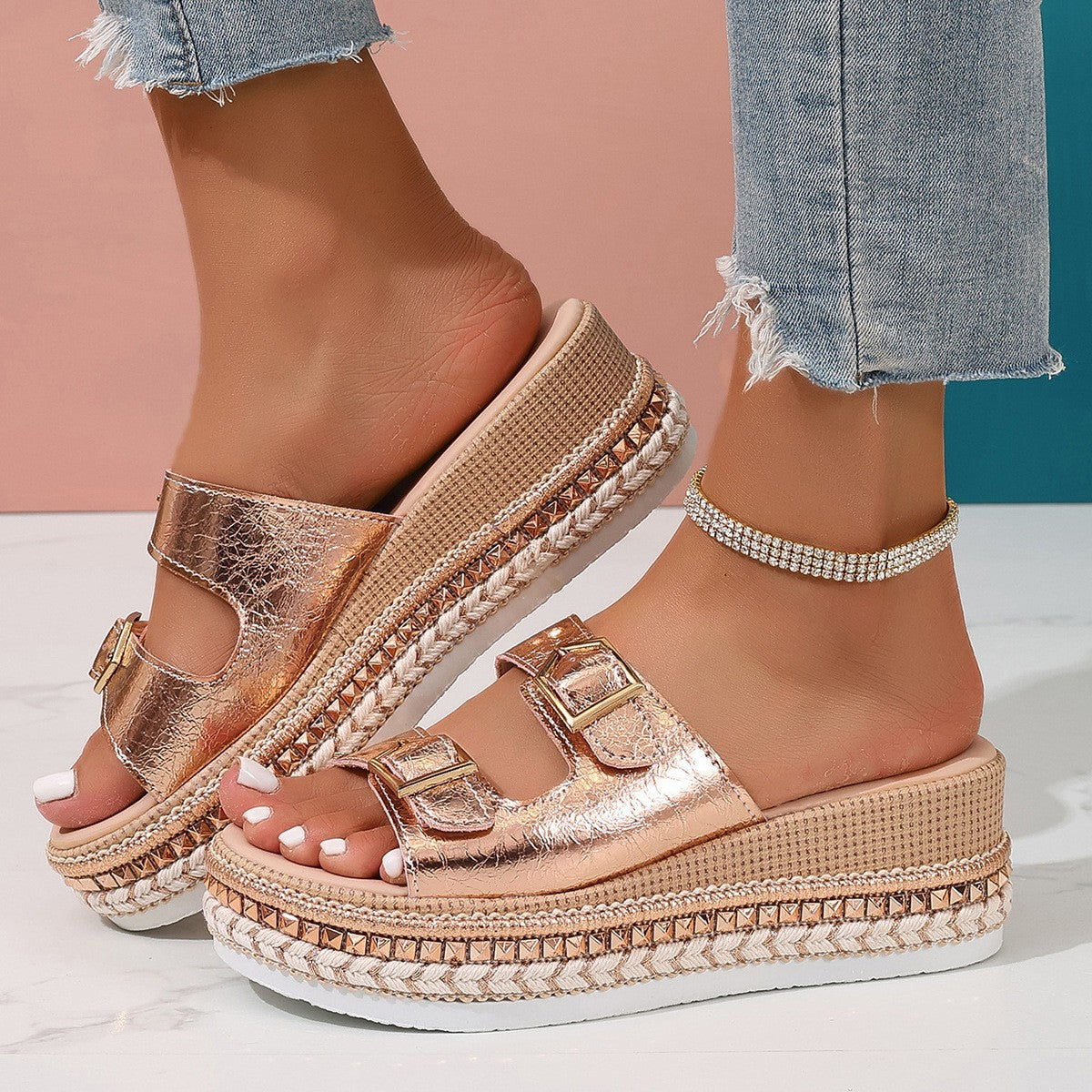 Damen Wedge-Sandaletten mit modischem Glitzer-Riemen und ergonomischem Fußbett Shopnory