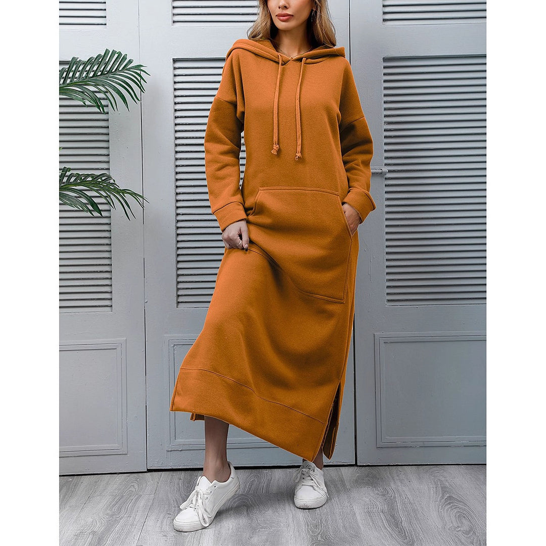 Damen nan langes Kapuzen-Sweatkleid mit Kängurutasche, Seitenschlitzen und lockerer Oversize-Passform Shop Nory