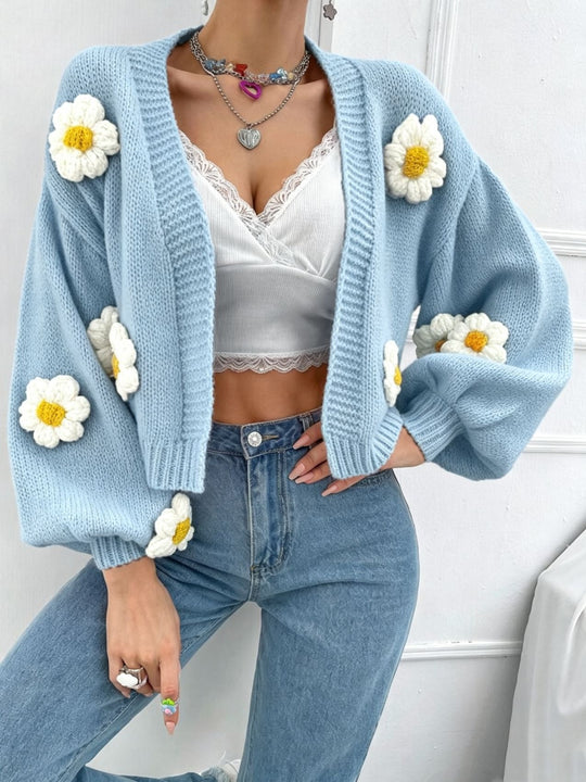 Damen Kurzgeschnittener Grobstrick-Cardigan mit 3D-Blütenapplikationen Shop Nory