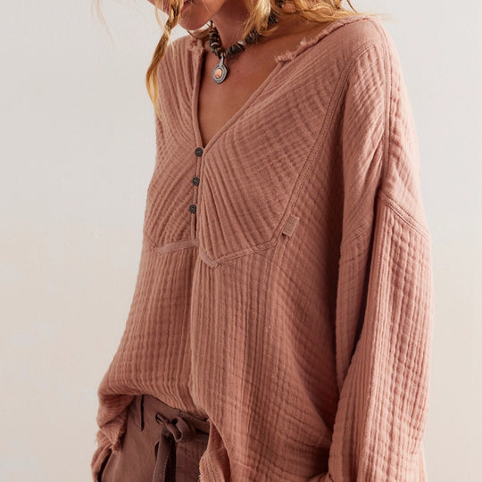 Damen Leichte Baumwoll-Gauze Bluse mit Henley-Ausschnitt Shop Nory