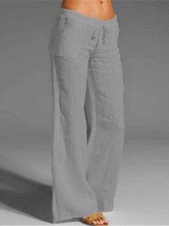 Damen weite Leinenhose mit hochgezogenem Bund und seitlichen Taschen