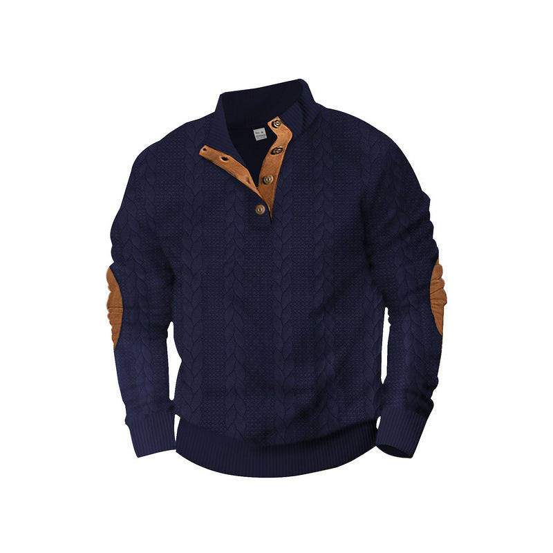Herren Kabelstrick-Pullover mit Stehkragen, Knopfleiste & Ellbogenpatches Shop Nory