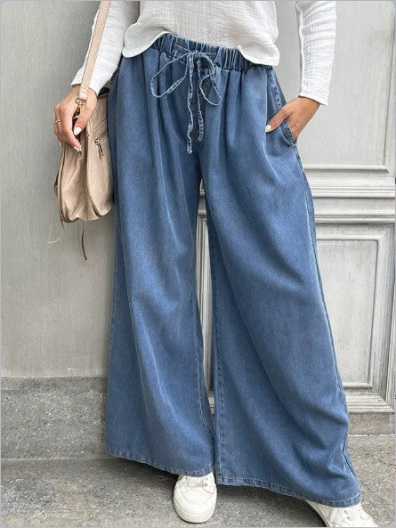 Damen Langer Denim-Maxirock mit Tunnelzugbund, weitem A‑Linien‑Schnitt und Eingrifftaschen Shop Nory